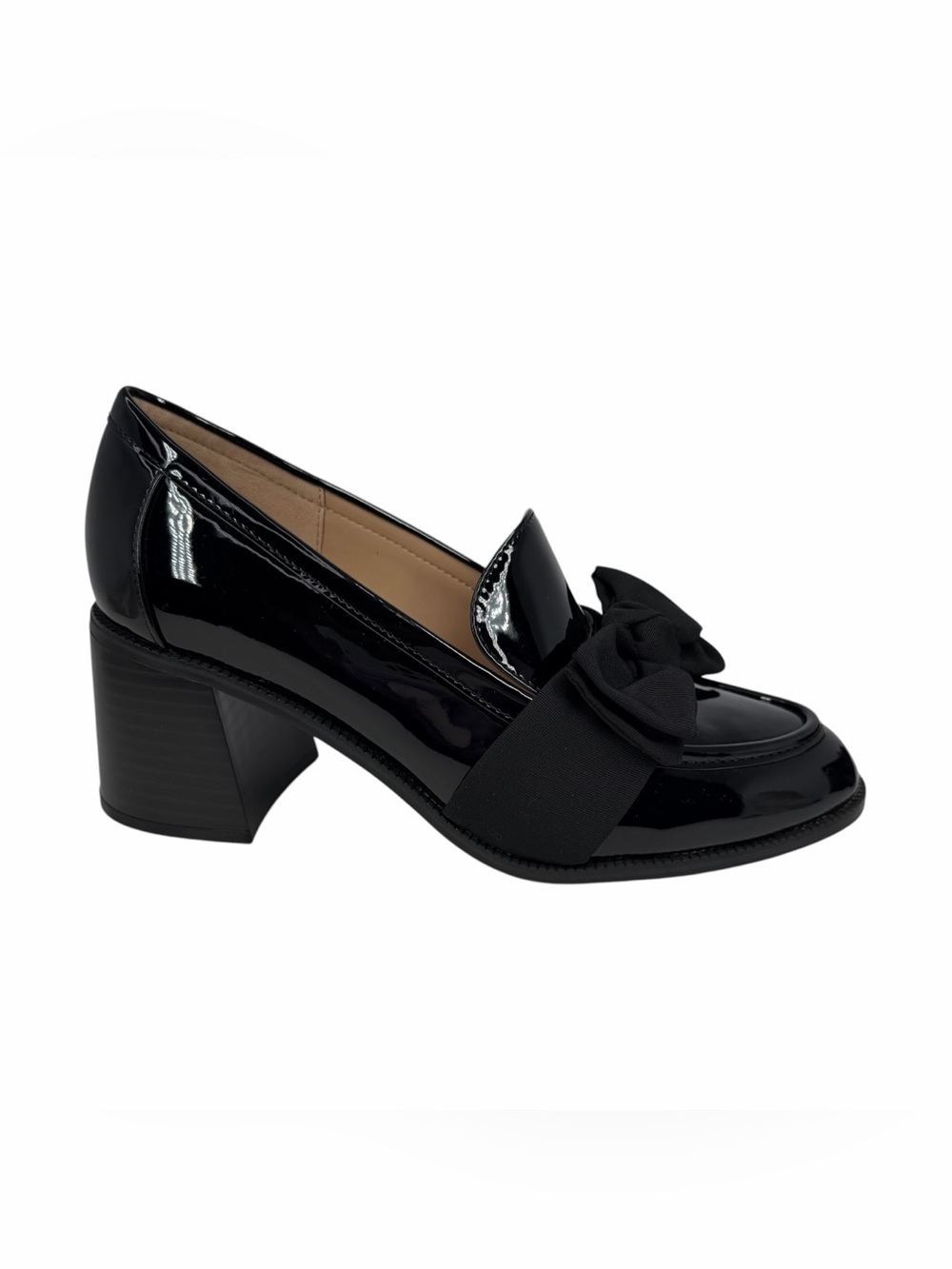 Bandolino Women's Korrar Bow Stacked Block Heel Loafers Black Patent Size 9W